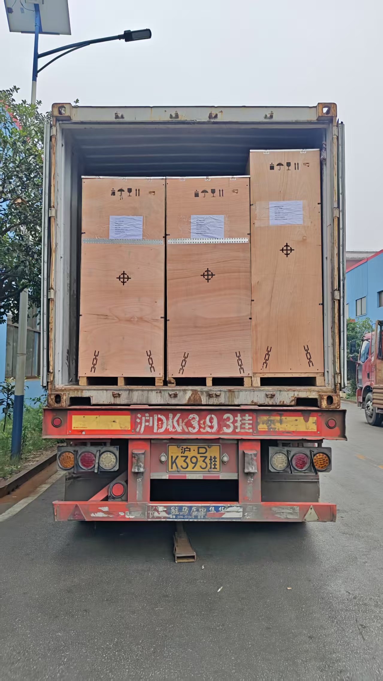 Cajas de madera para máquinas distribuidas dentro de un contenedor de transporte completo