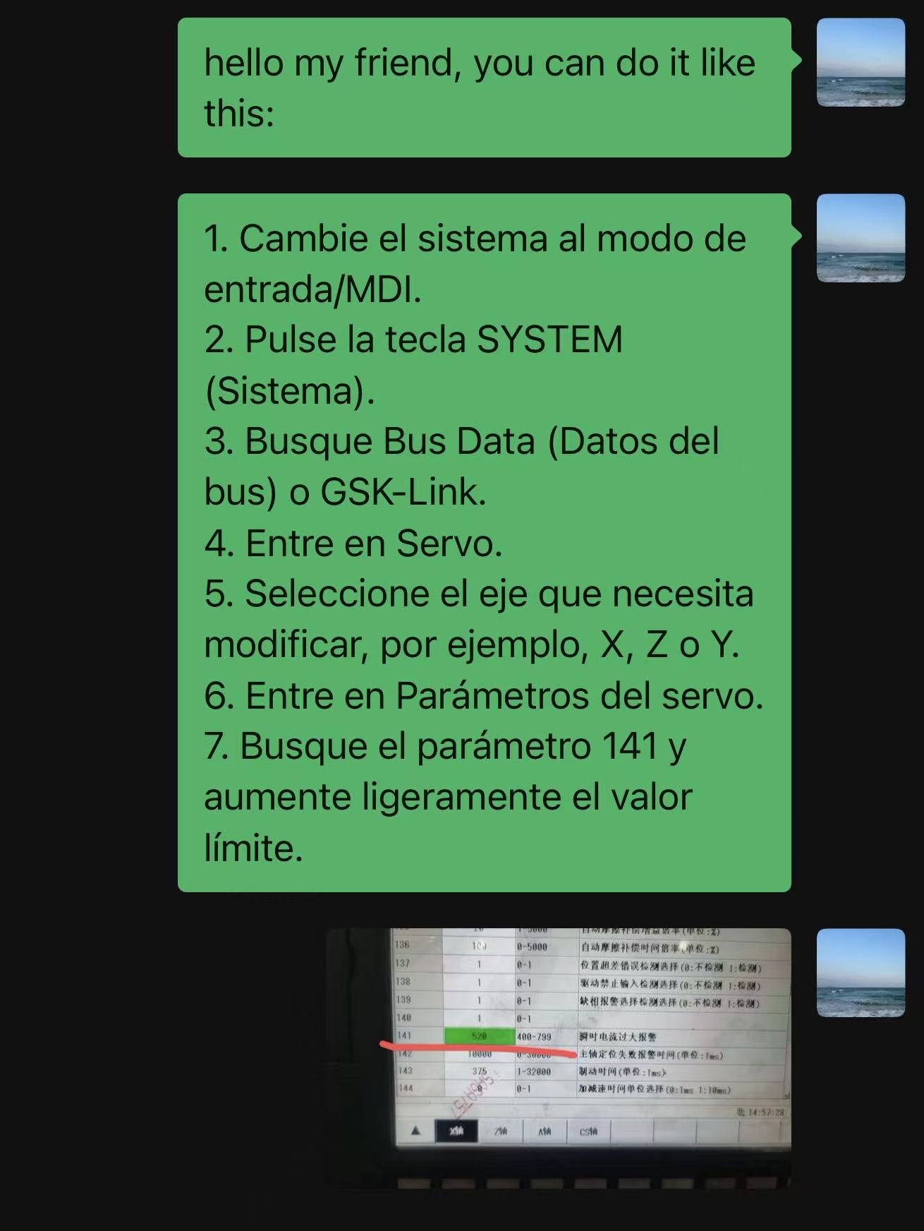 Orientação em espanhol para diagnóstico remoto da máquina